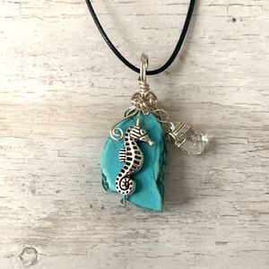 Turqouise Stone Seahorse Crystal Blue Silver Necklace Womens Jewelry Brand NEW
